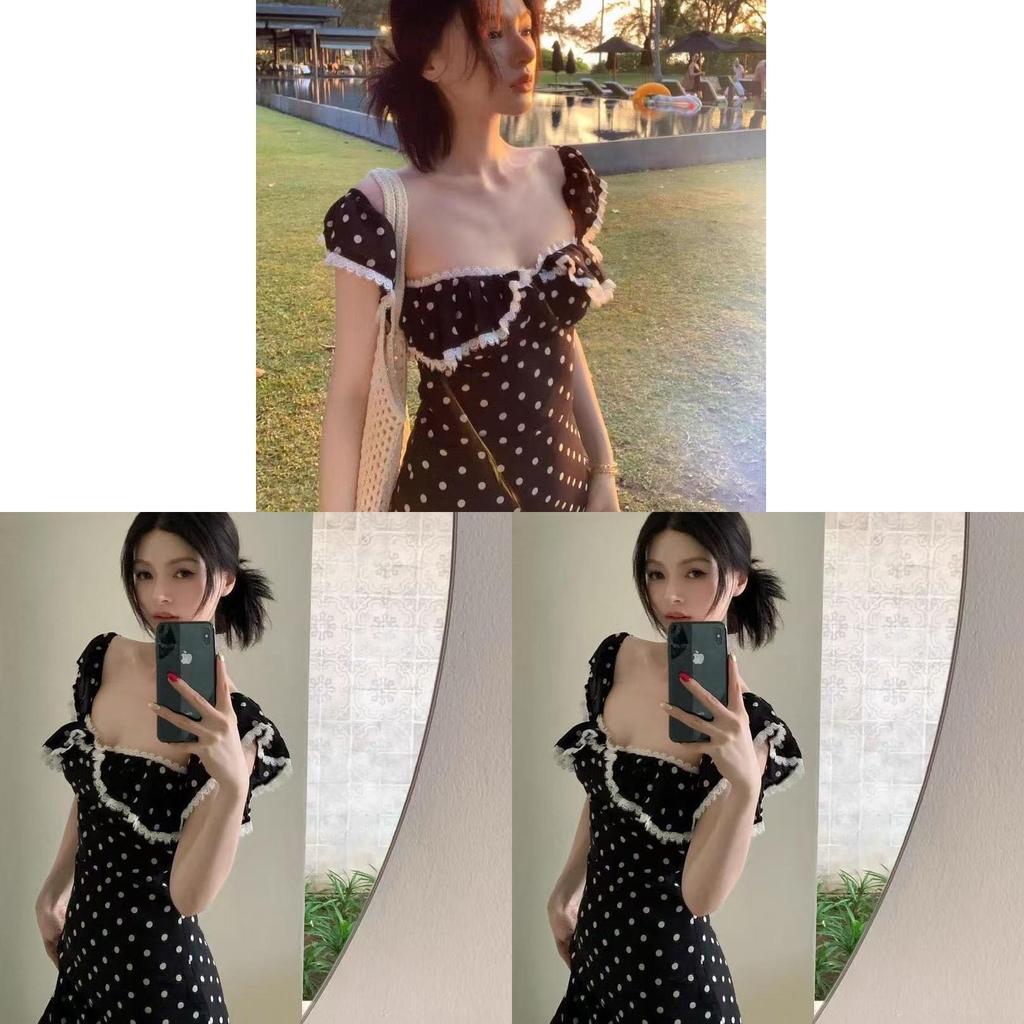 Summer Elegant Black Polka Dot A Line Dress With Short Sleeves For Women