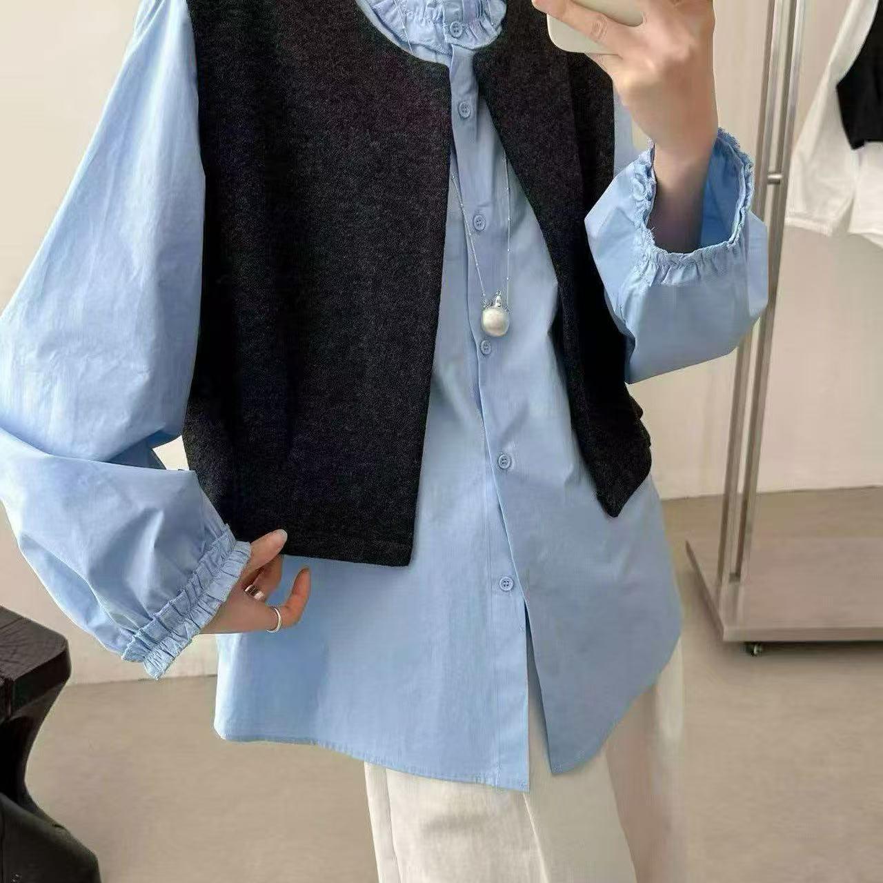 

Women s Korean-Style Round Neck Long Sleeve Shirt & Vest Set, Spring 2026 Fashion, Loose & Slimming Design M (85-120)