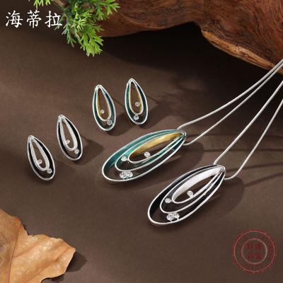 New Enamel Color Hollow Oval Stud Earrings Pendant Set Women's Fashion Simple Point Diamond Oval Neck Necklace