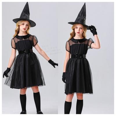 Halloween Parent-Enfant Adulte Enfants Voile Noir Robe de Sorcière Robe de Sorcière Tempérament Sorcière Nuit Fantôme Jeu Robe