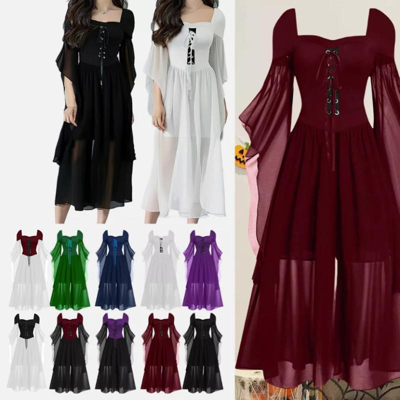 Halloween Women Adult Lacing Dress Medieval Witch Cosplay Costume Party Elegant