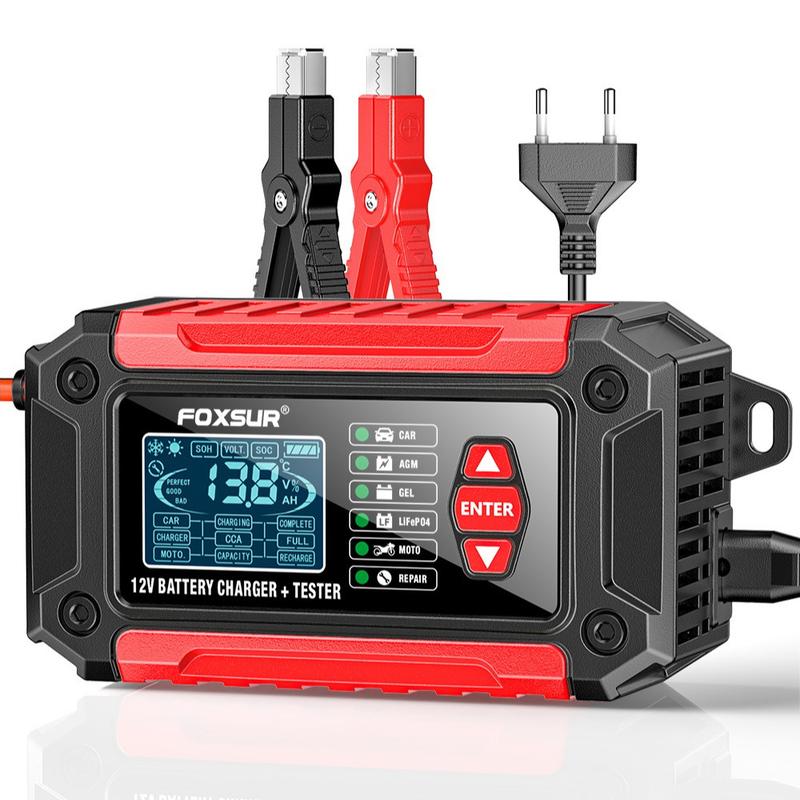 FOXSUR Car Battery Charger 12V 6A FTC-1206 Motorcycle Truck AGM LiFePO4 Lead Acid Batteries Maintainer Digital LCD Display