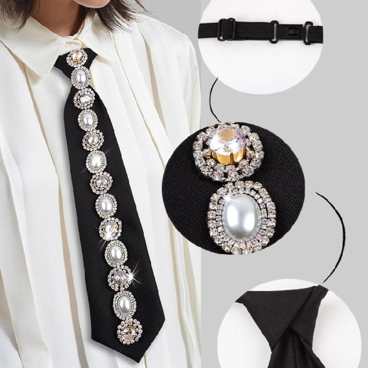 Rhinestones Pearls Embellished Black Necktie for Women Student Elegant Pre Tied Adjustable Tie for Uniform School Shirt