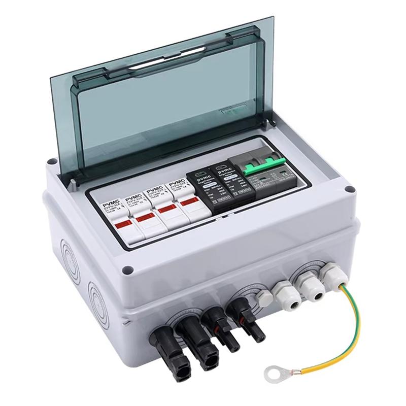 A74E-Photovoltaic IP65 Waterproof Solar PV Combiner Box 2 In 1 Output DC600V Fuse MCB SPD With Ground Wire Protection