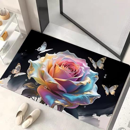Yousheng 3D Rose Bathroom Rug Realistic Rose And Butterflies Floor Mat Absorbent Non-Slip Rug for Entrance Kitchen Bedroom Living Room