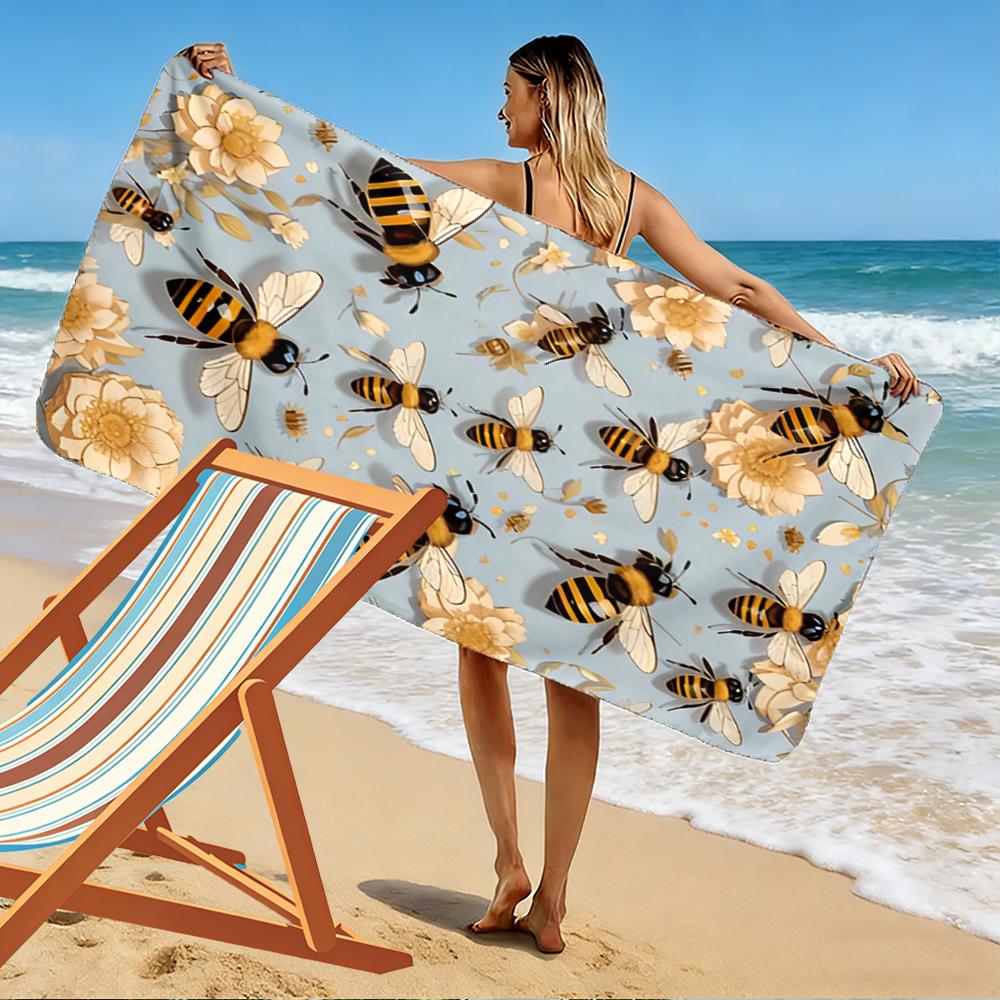 Bee Pattern with Flowers on Blue Background Beach towel quick-drying for travel outdoor sports jogging beach and swimming