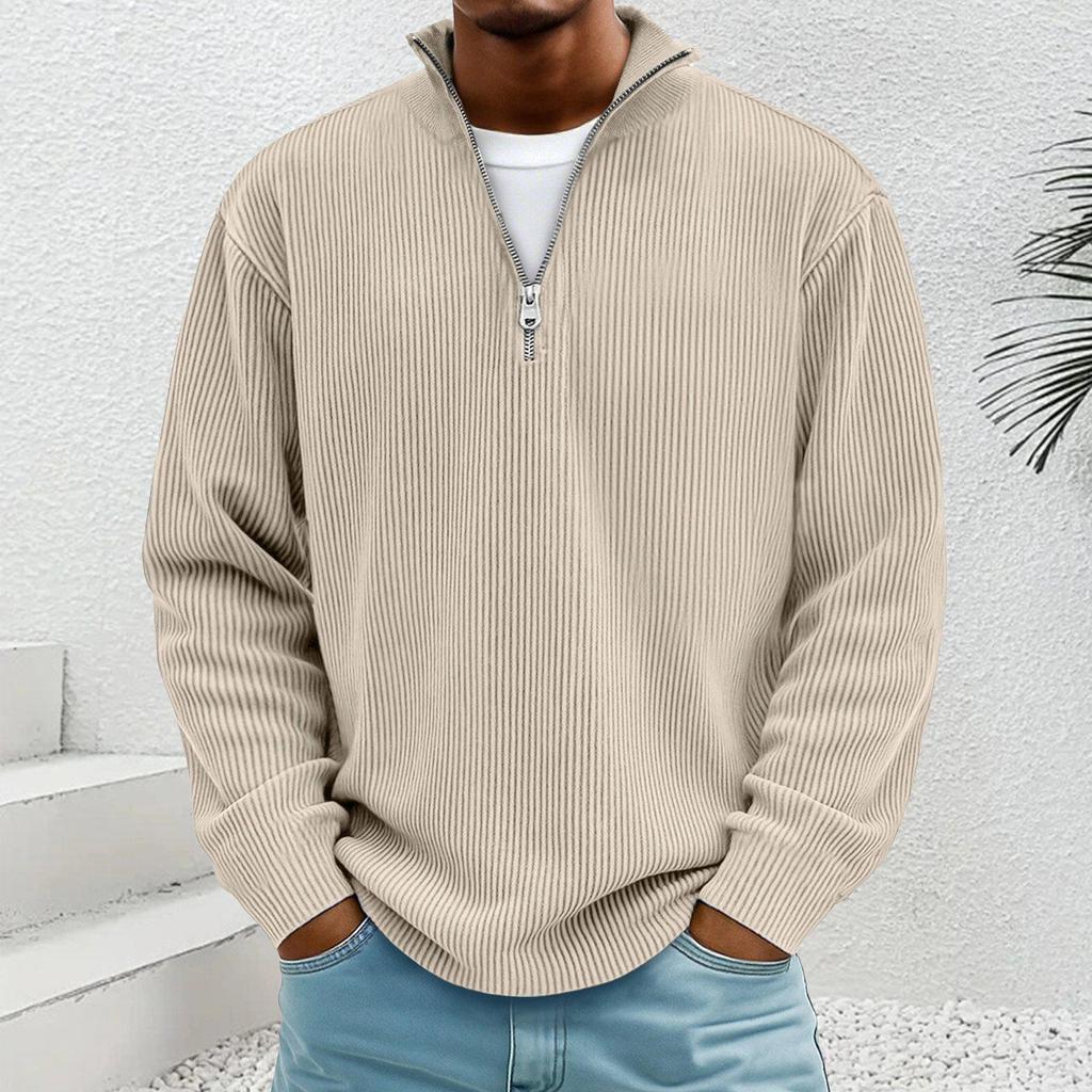 Men's 2025 European Autumn Corduroy Pullover Hoodie with Stand Collar and Zipper, Long Sleeve.