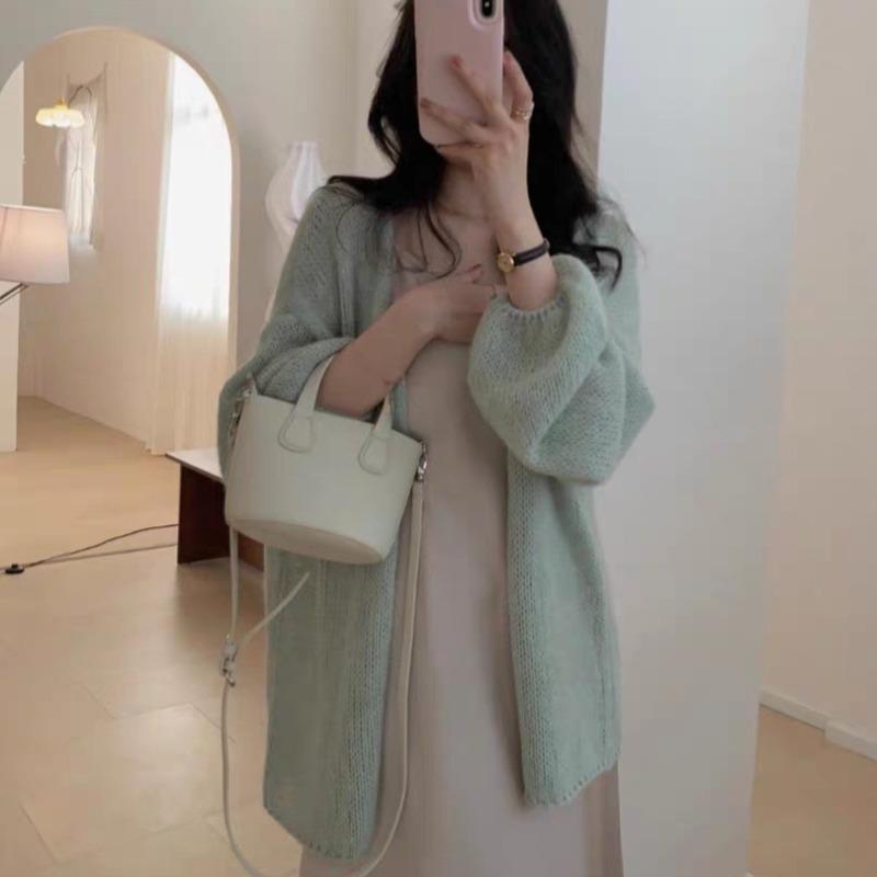 Spring New Thin Lace-up Medium and Long Gentle Wind Knitted Cardigan Loose Soft Waxy Sunscreen Jacket Women