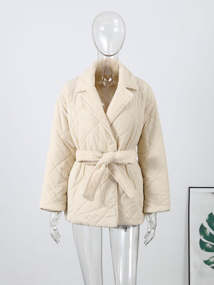 Women's Collar Tied Waistband Jacquard Thick Jacket Top