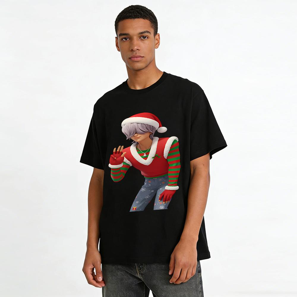 Christmas Limited Silver Hair Trendy Guy Print Top Casual Loose Unisex Holiday T-Shirt Pure cotton T-shirt