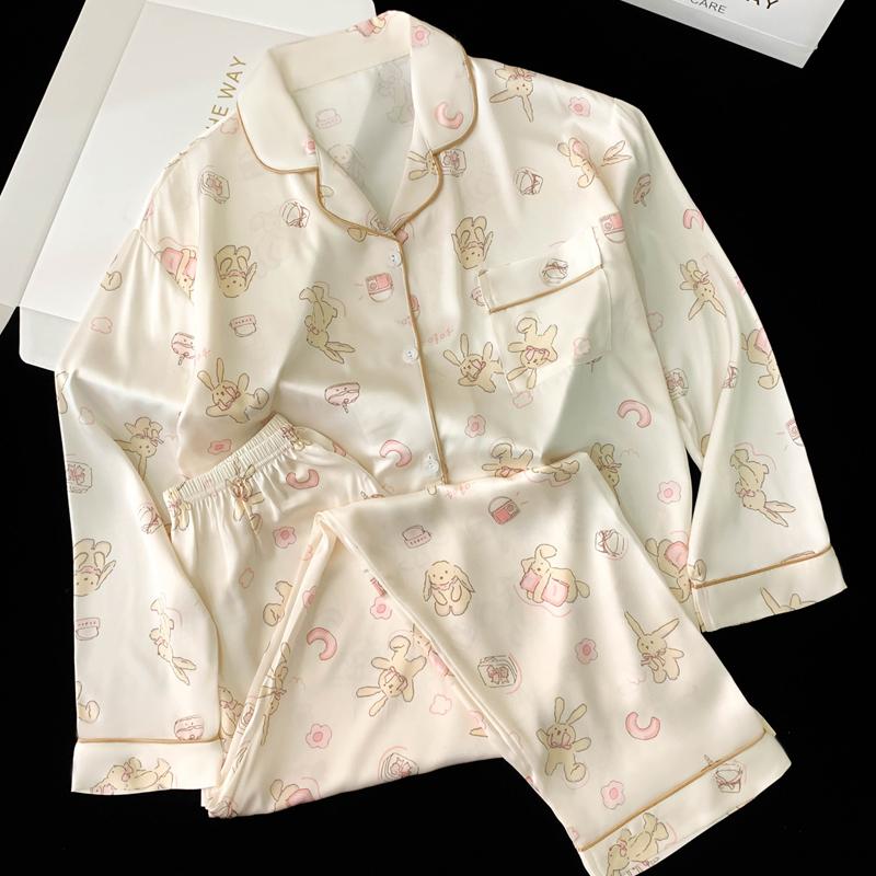 

Милая мультяшная маленькая женская пижама с милым принтом из искусственного шелка, домашняя одежда, осень, 2 шт., для отдыха XXL