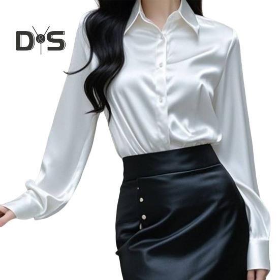 

Женская рубашка из гладкого атласа с длинным рукавом и лацканами, повседневные топы, однобортная рубашка для офиса в стиле французского стиля S