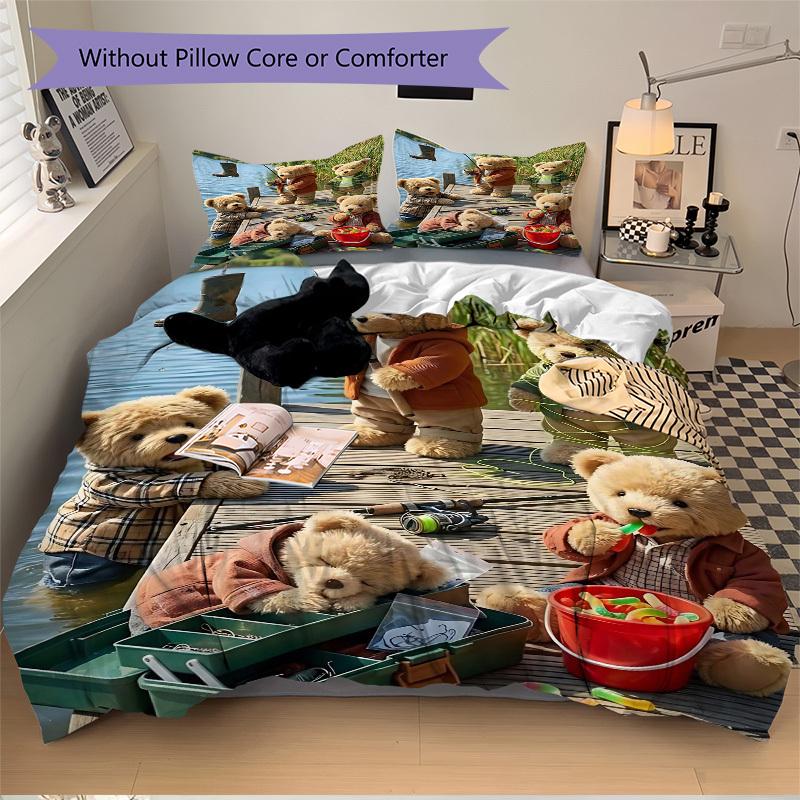 

3pcs Anime Teddy Bear Bedding Set - Includes One Quilt Cover and Two Pillowcases (No Core) - Perfect for Bedroom and Guest Room Decoration, 135x200cm