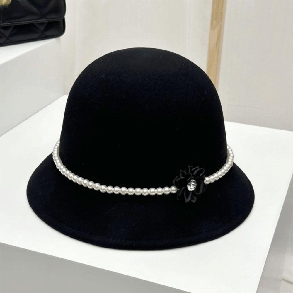 Solid Color Flower Topper Hat Pearl Woolen Bucket Hat Elegant Fisherman Hat  Girl