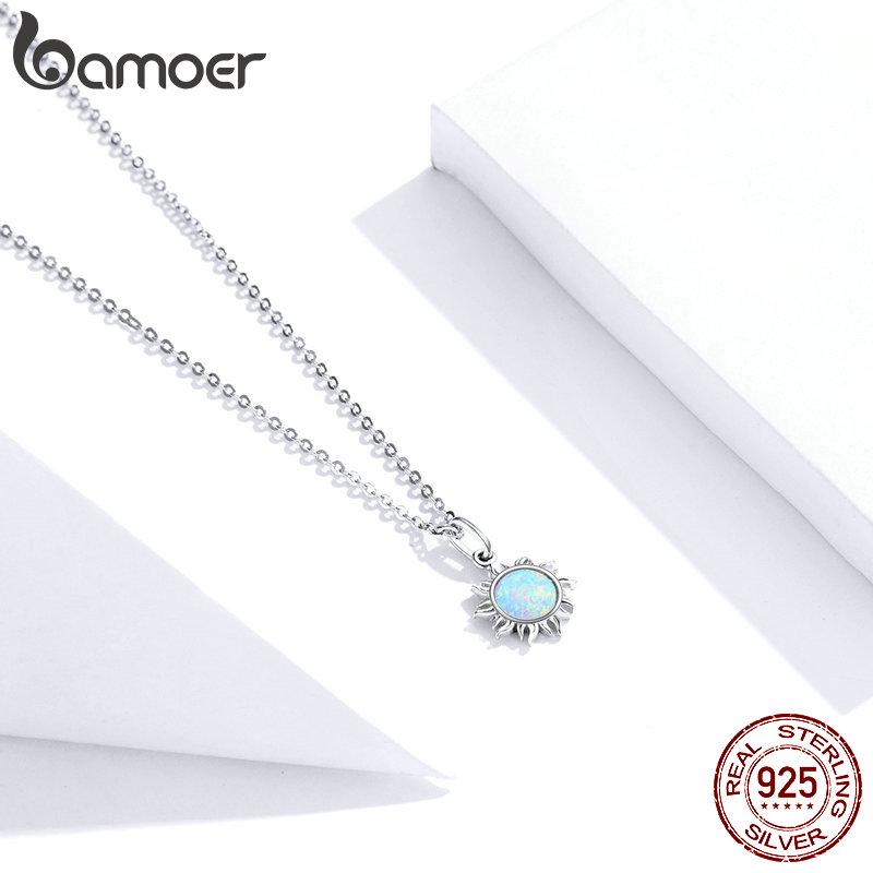 Bamoer 925 Silver White Opal Sun Pendant Necklace Apollo Chain Necklaces for Women Birthday Gift Jewelry