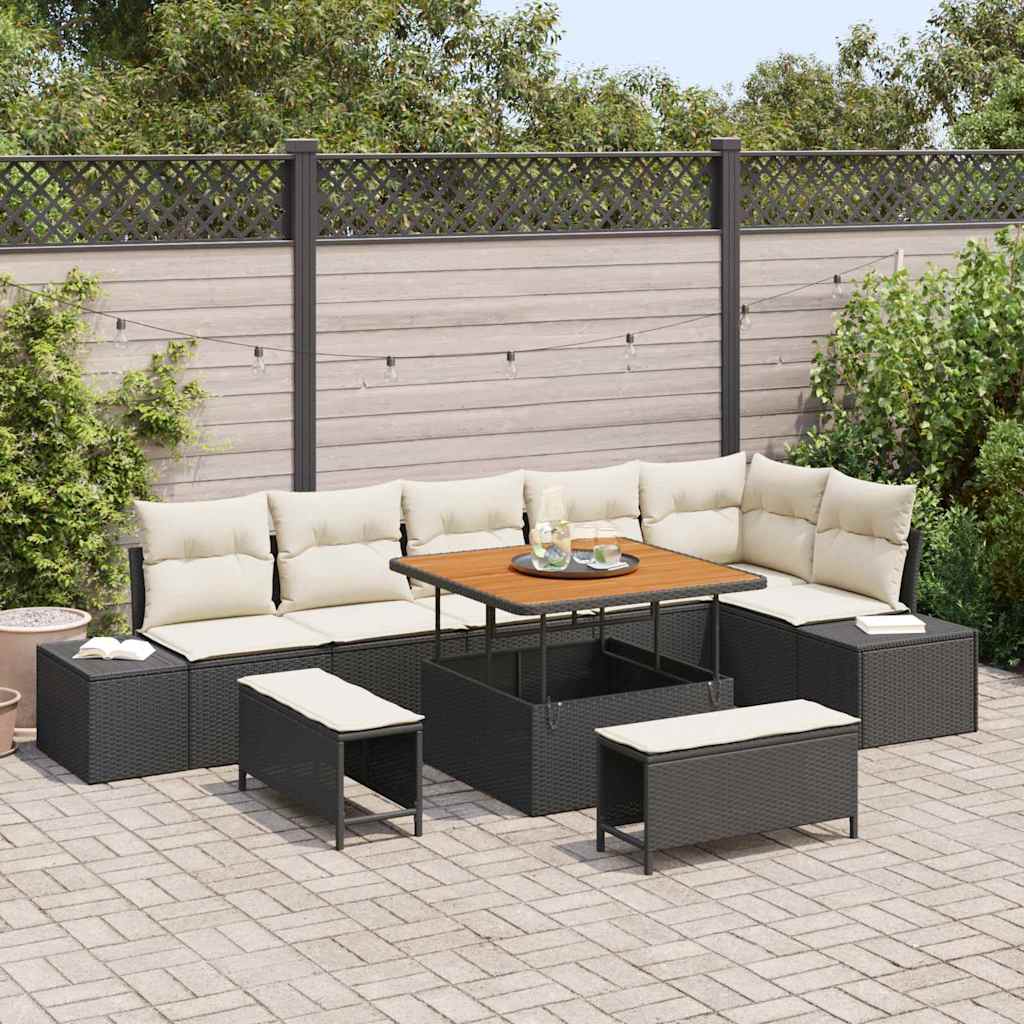 9 Piece Garden Sofa Set with Cushions Black Poly Rattan