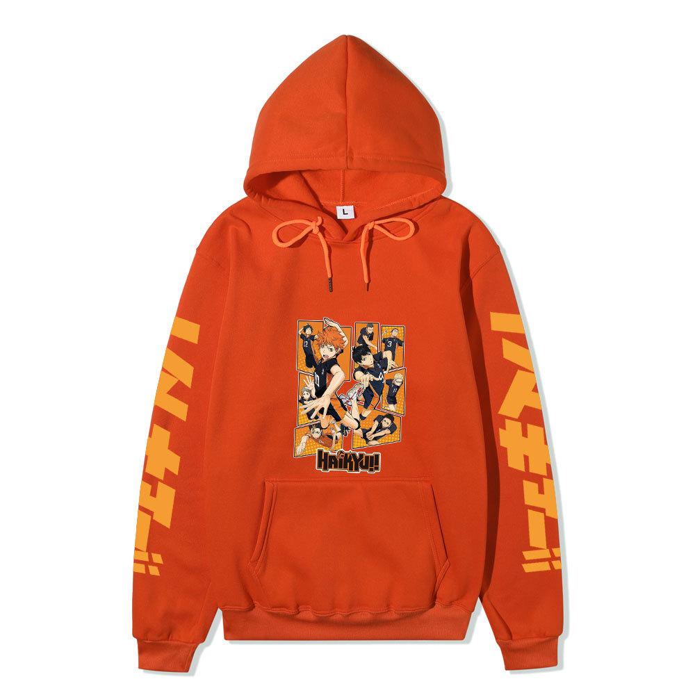 Haikyuu Karasuno Team Collage Unisex Fleece Hoodie Orange Japanese Vertical Letter Sleeve Volleyball Anime Pullover Sweatshirt