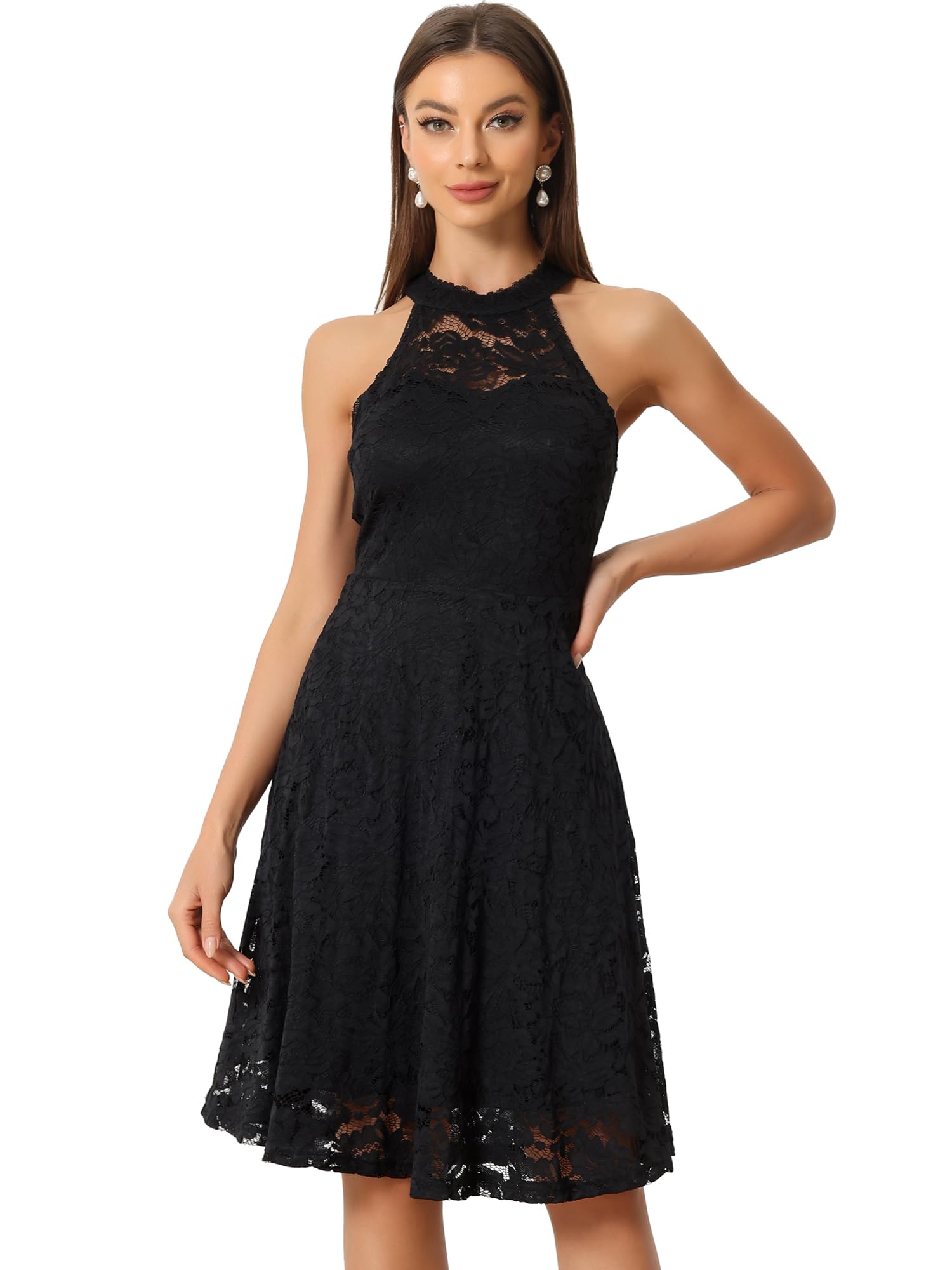 

Allegra K Women s Elegant Halter Neck Lace Dress, Sleeveless, Cocktail, A-Line, Wedding Dress, Black, Size M