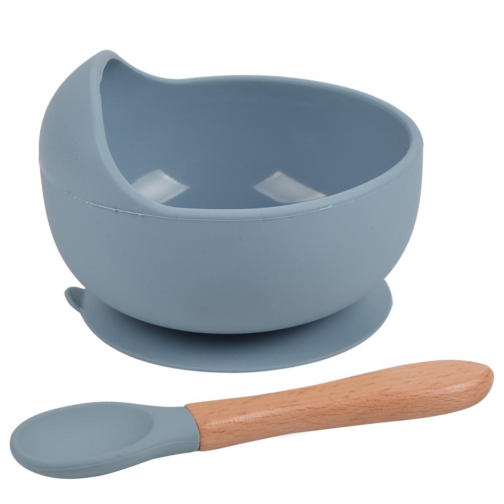 Silicone Baby Bowl & Spoon Set with Wooden Handle and Suction Cup
