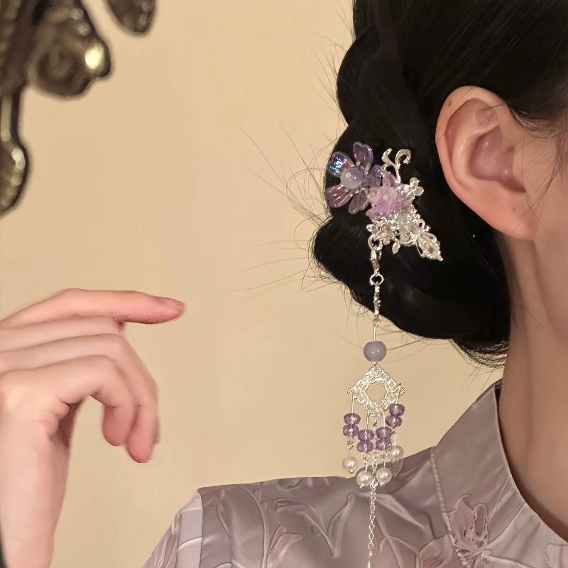 Flower Tassel Hair Clip Chinese Hanfu Style Crystal Pearl Tassel Hairpin For Women