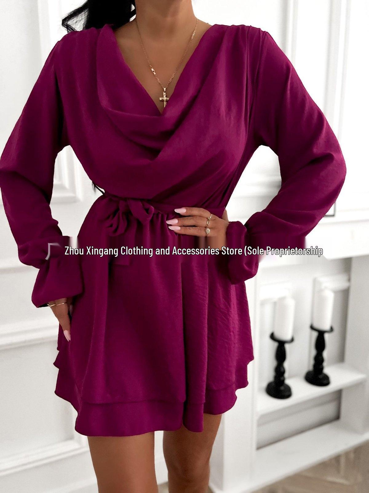 

2026 Fashion V-Neck Lantern Sleeve Belted Dress with Wide Hem L глубокий пурпурный