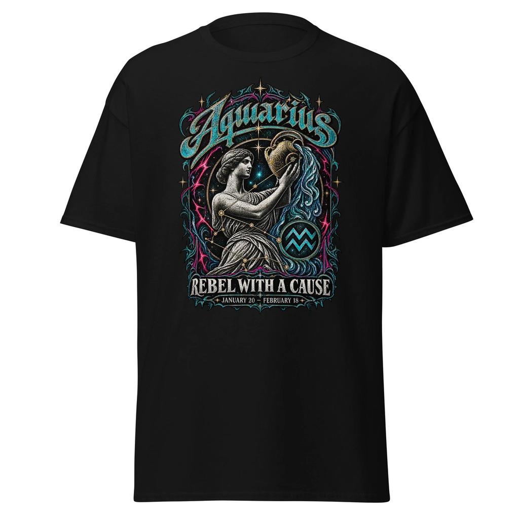 ZODIAC AQUARIUS GOTHIC Black T-Shirt Vintage Unisex Astrology Tarot All Sizes