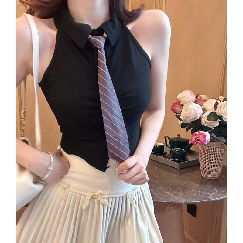 Women s Cool Spicy Polo Collar Slim-Fit Camisole with Chest Pads and Pleated Design S чёрный