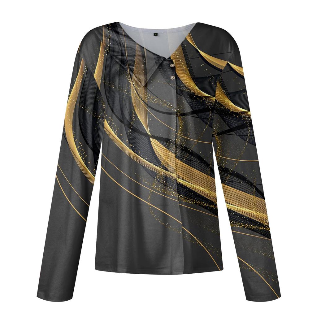 Women's Casual Fashion Print Long Sleeve Lapel V Neck Button Pullover Top