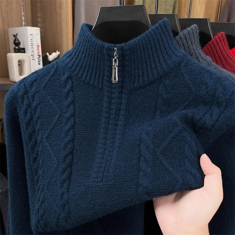 Herren Winter dicker Strick Pullover mit halbem Reißverschluss und Stehkragen