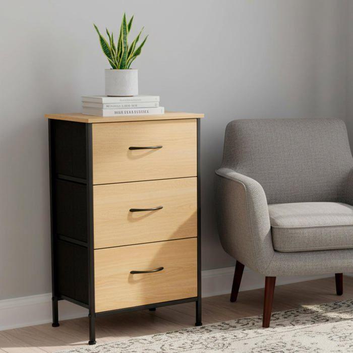 Komoda z drewna i tkaniny - COLOR BABY S.L - 40x30x75 cm - 3 szuflady - Efekt dębu - Metalowa konstrukcja