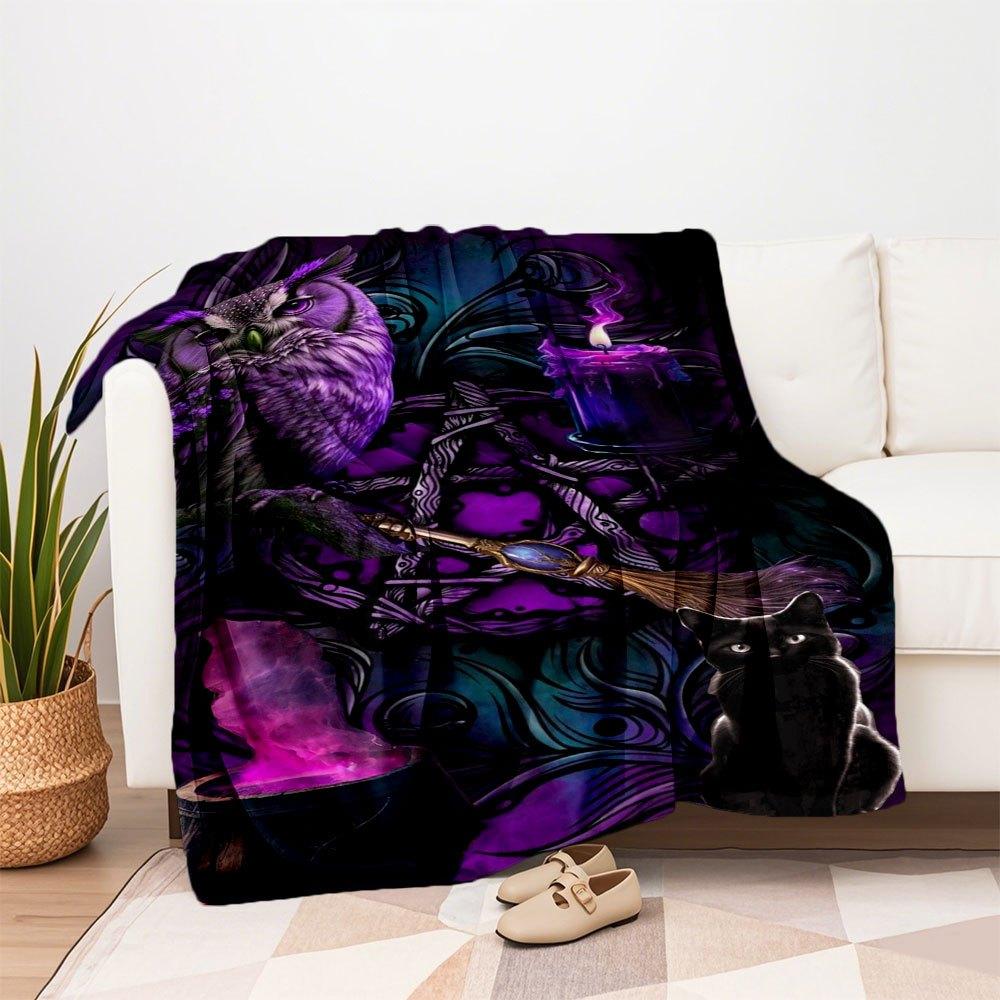 "Enchanted Purple Owl & Black Cat Witch Decor"Blanket Flannel Throw Blanket for Sofa, Bed, Travel, Camping, Office