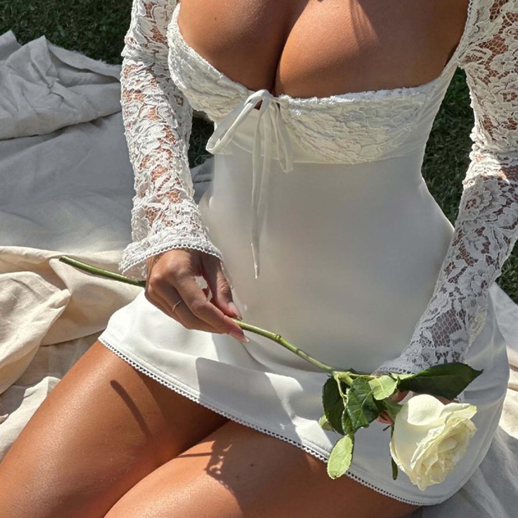 Elegantes, figurbetontes Minikleid für Damen, Spitze, langärmelig, weißes Kleid für Frühling und Sommer, tief ausgeschnittenes Rückenkleid zum Binden, Tunikakleid, Partykleidung