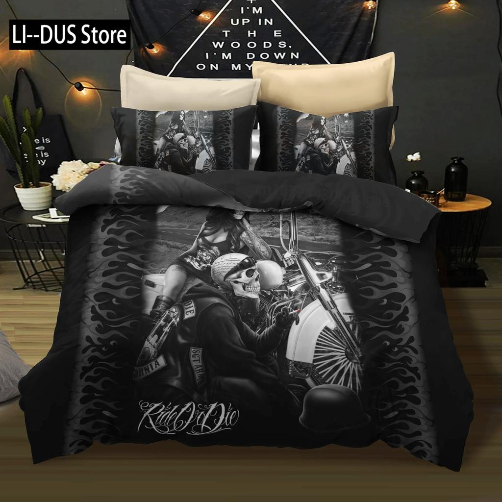 Human Skeleton Skull 3D Printed Bedding Set Motorcyc and Beauty Duvet Cover Sets Beds Quilt Covers Single Double Queen King Size