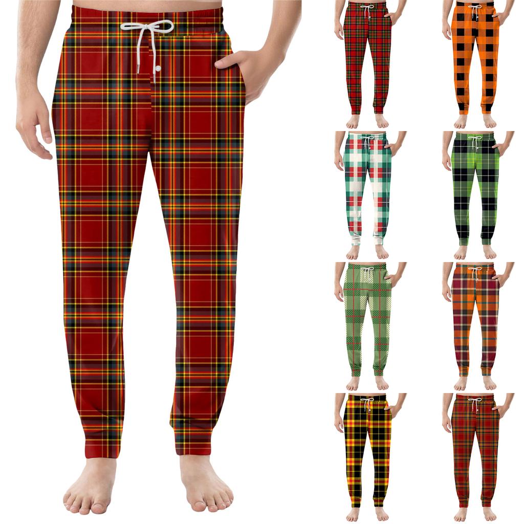 Men's Drawstring Pocket Casual Pants, Checkered Striped Printed Pocket Casual Pants, Home Sleeping Pants