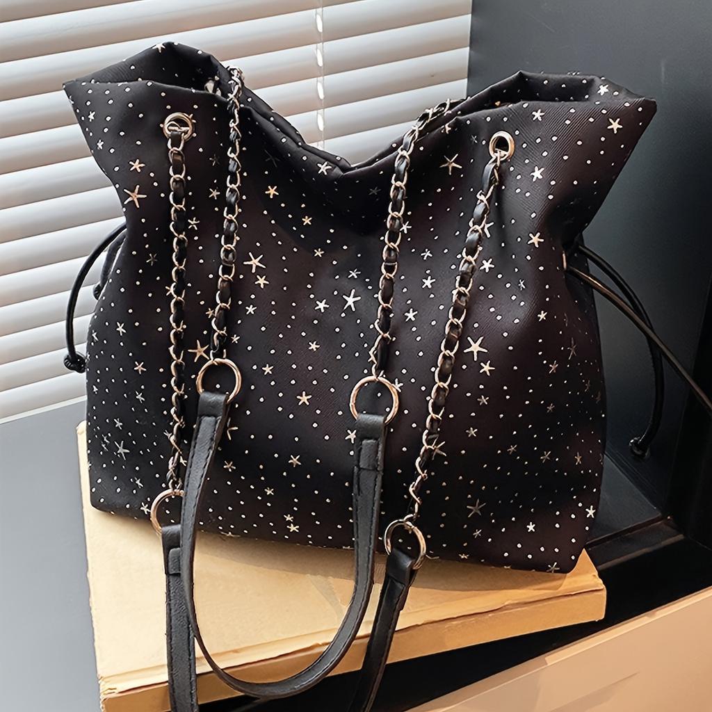 Women's Star-patterned Casual Trendy Sweet Tote Bag, Versatile Solid Color Stylish Handbag, Suitable for Daily Commuting, Work, Travel and Shopping.