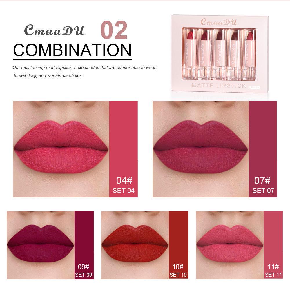 CmaaDu Velvet Matte Lipstick Set: 5-Piece True Red Moisturizing Gloss for European & American Makeup.
