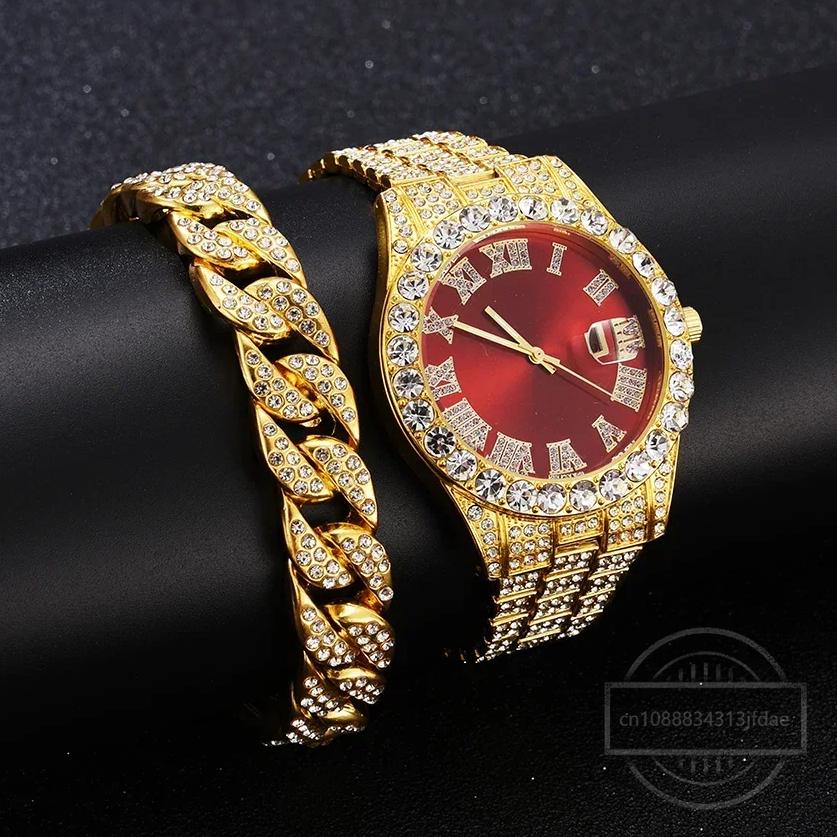 1/2pc Watch Bracelet Hip Hop Stainless Steel Gold Color Calendar Watch for Men Iced Out Paved Rhinestones Men Watch Reloj Hombre