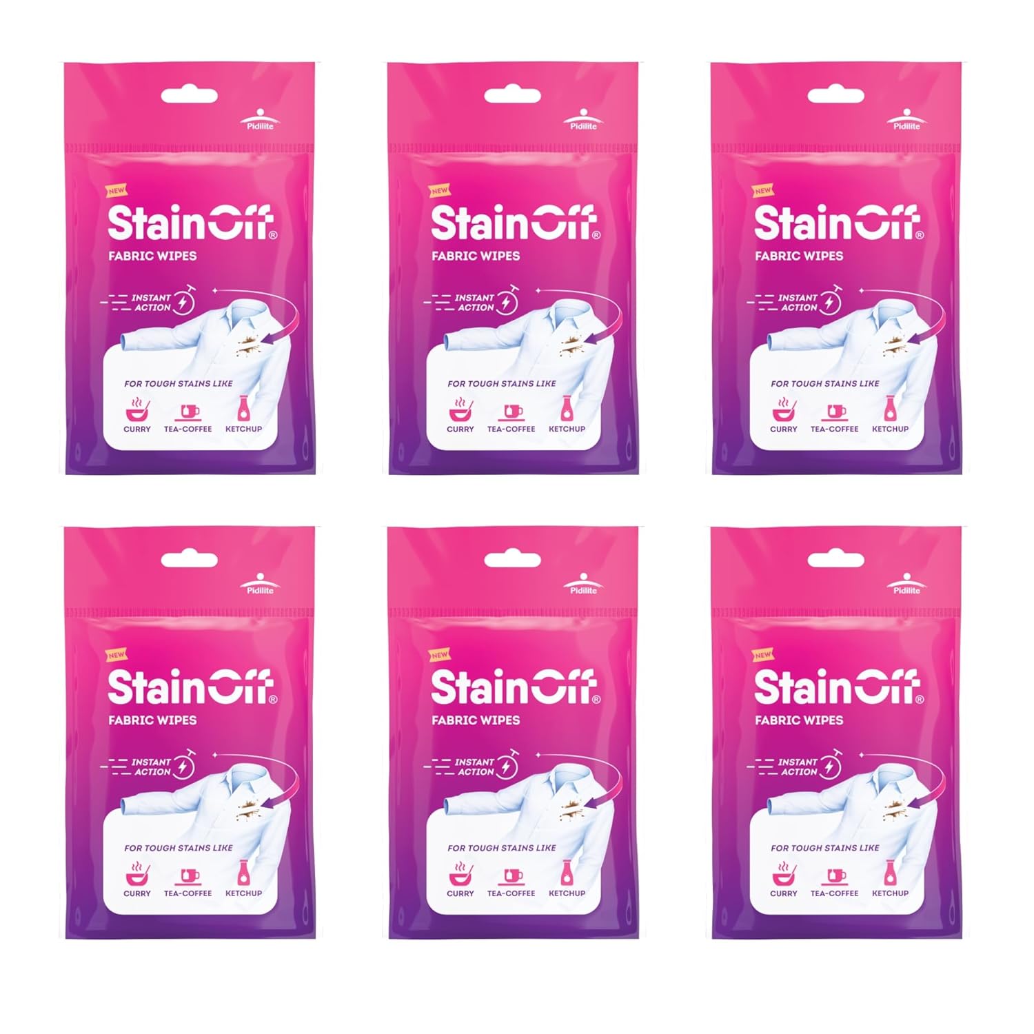 

StainOff Stain Remover Wipes Pack Of 6 Instant Fabric Spot Cleaner For Tea Curry Mud Clothes Home Travel Use