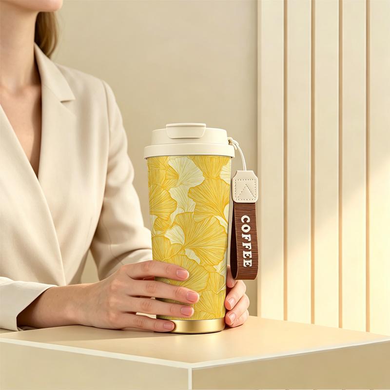 Coffee Mug 532ml Gold Ginkgo Leaf Motif Commuter Coffee Cup Portable Travel Coffee Mug Outdoor Travel Thermos Stainless Steel Coffee Thermos Coffee Mug 532ml