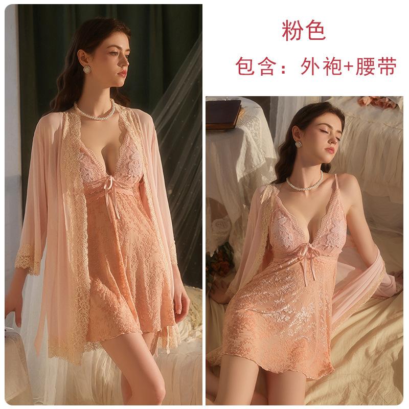 Women's Burnout Lace Removable Pads Backless Sleep Dress with Robe Lounge Set
