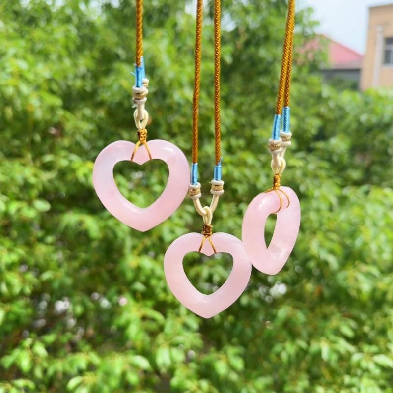 Natural Rose Crystal Openwork Heart Charm Necklace Bohemian Braided Rope Chain Dainty Feminine Gift For Her