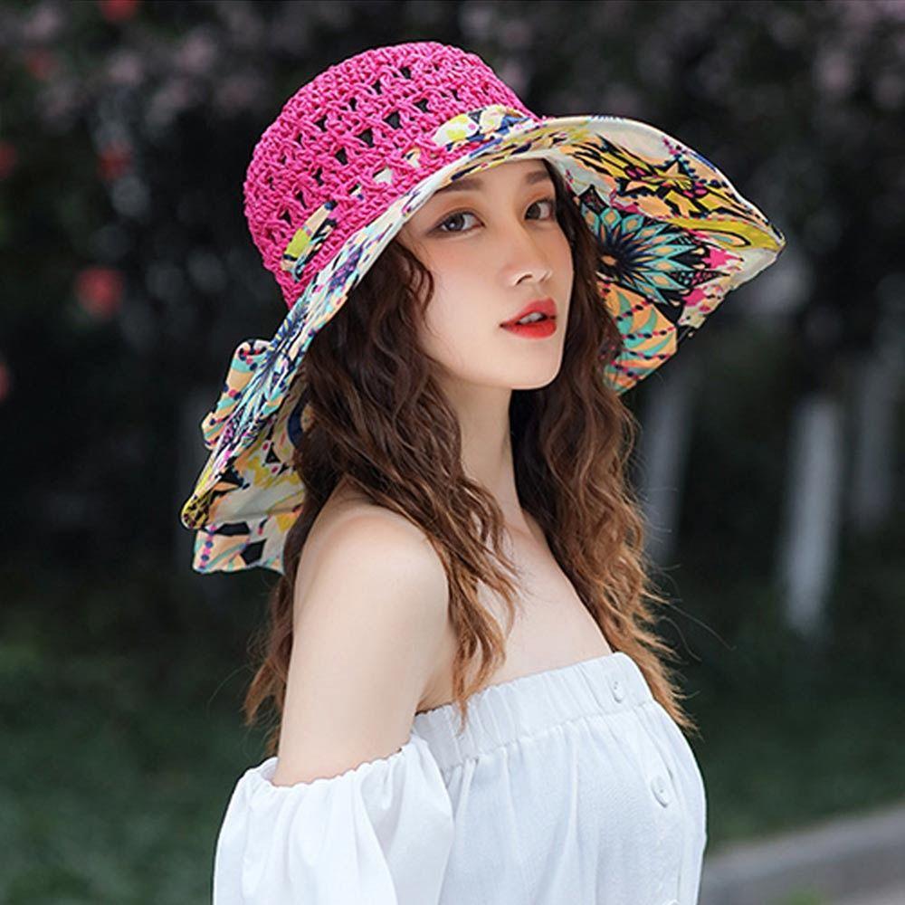 Wide Brim Bucket Hats Folding Straw Hat Fashion Beach Hat  Women
