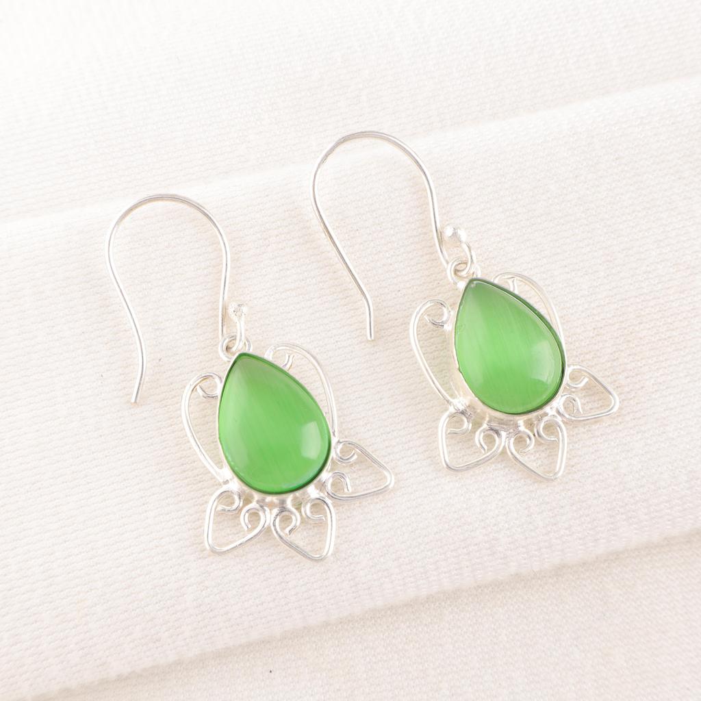Green Cat's Eye Gemstone Jewelry, Handmade Earrings, 925 Solid Sterling Silver Jewelry For Wedding Gift