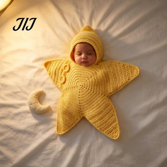 Seestern Schlafsack für Neugeborene Baby Schlafsack, Gestrickter Schlafsack mit Kapuze, Weiches Baumwollgarn Baby Wickeltuch Gemütliche Sternförmige Tragbare Decke, Neugeborene