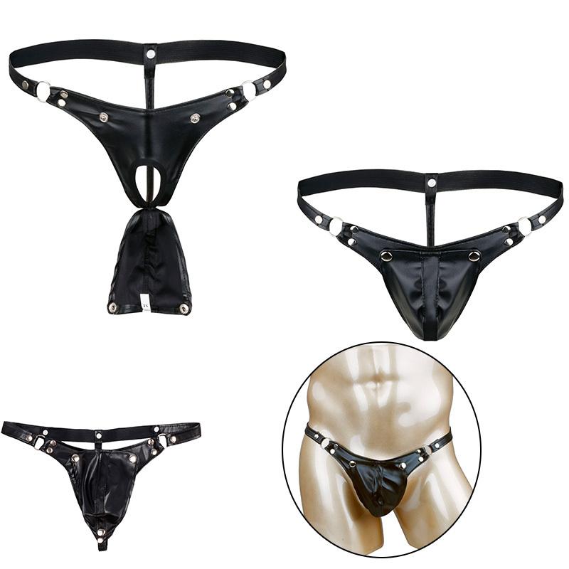 Men Erotic Sexy Lingerie Thong PU Leather Jockstrap G-string Buckled Bulge Pouch Penis Hole Panties Briefs Gay Porno Underwear