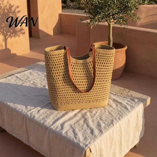 Portable Tote Bag Crochet Shoulder Bag, Large Capacity Lightweight Knit Handbag, Solid Color Handbag Summer Beach Purse for Women Holiday Commuting