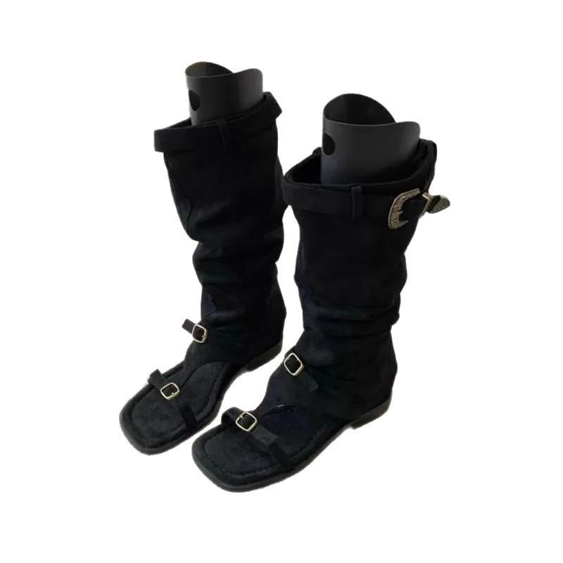 Fashion square head open-toed elastic fleece cool boots summer new belt buckle splicing sleeve low heel high boots women