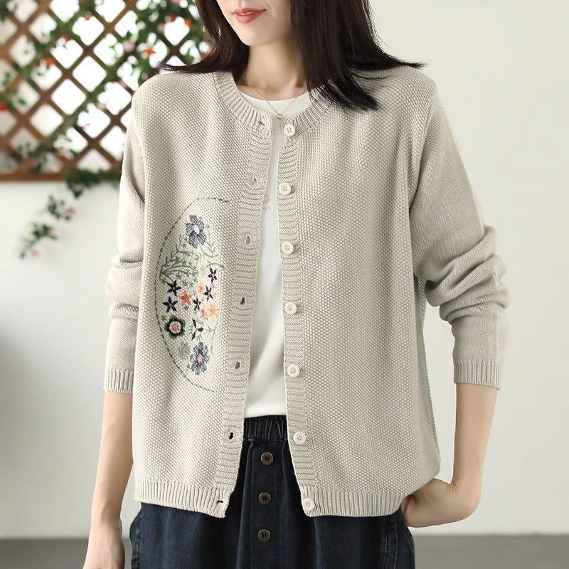 Women's Literary Retro Embroidered Crew Neck Single-Breasted Sweater Knit Cardigan Loose Versatile Autumn & Winter Long-Sleeve Top Outerwear