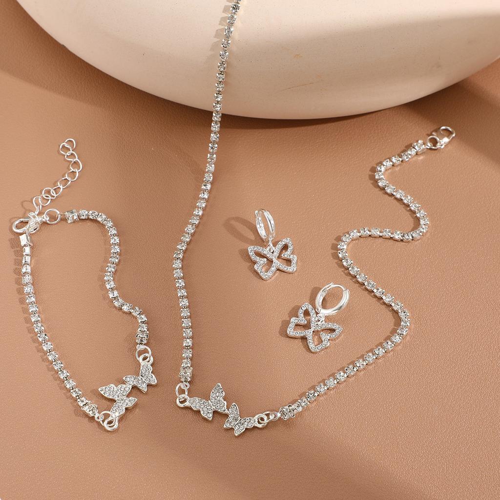 Creative Rhinestone Butterfly Pendant Necklace Earring Bracelet 3 Piece Set Women Fashion Jewelry Gift