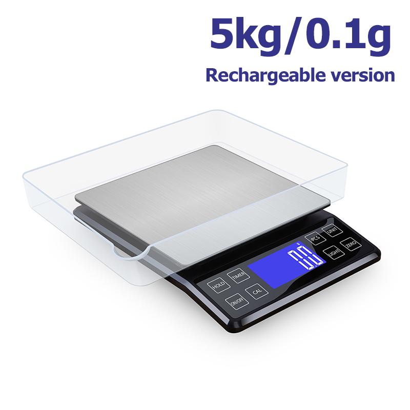 New 0.1g High Precision Kitchen Scale 3kg/5kg/10kg Household Waterproof Balance for Food Weighing with 50g Weights and Scale Pan